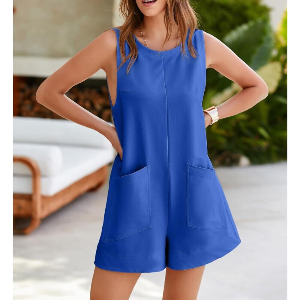 Women's Sleeveless Romper, Front Pockets, Blue - Size L